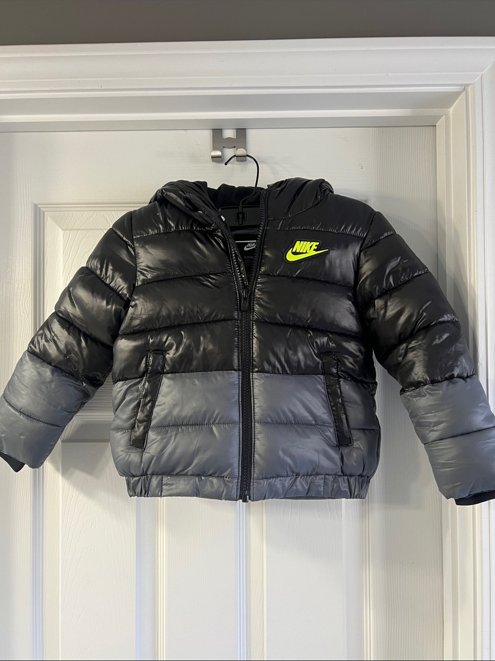 Nike Kids Black and Gray Puffer Jacket with Neon Logo 3T